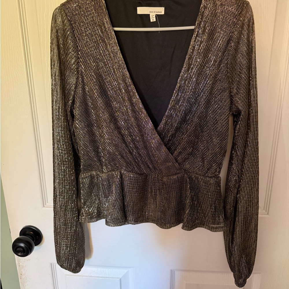 June & Hudson Shimmering Silver Wrap Blouse